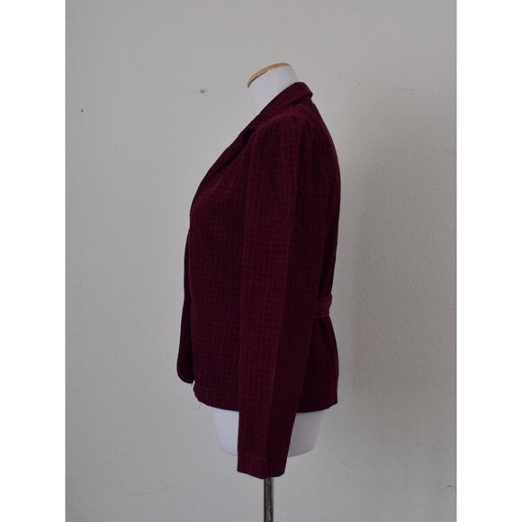 80s Vintage Burgundy Plaid Fitted Poly/Cotton Corduroy Jacket‎ - Picture 2 of 10